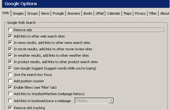 Screenshot of the Properties Configuration Panel for google Option Firefox Plugin